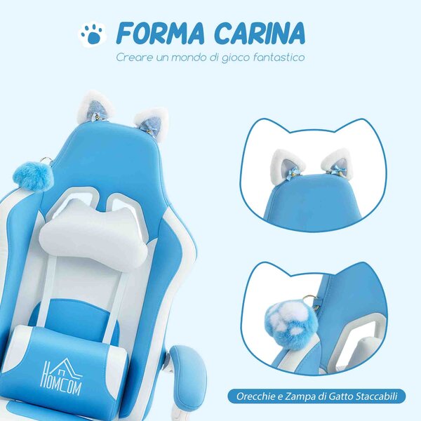 HOMCOM Sedia da Gaming Reclinabile con Poggiapiedi e Cuscini, in Finta Pelle e Spugna, 65x62x116-124 cm, Bianco e Rosa | Aosom Italy