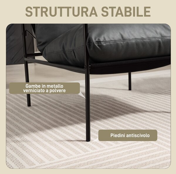 HOMCOM Poltrona da Salotto in Pelle PU e Telaio in Metallo con Cuscini Spessi, 74.5x75x77 cm, Grigio Carbone | Aosom Italy