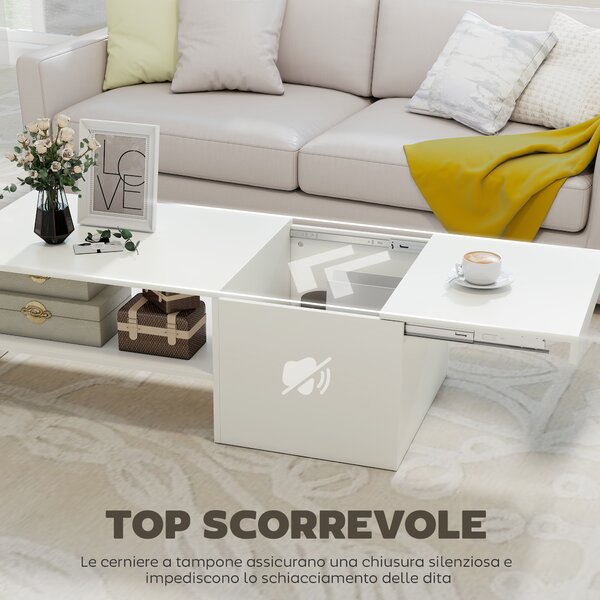 HOMCOM Tavolino da Caffè in Legno con Piano Scorrevole e Ripiano Aperto e a Scomparsa, 110x52x36 cm, Bianco | Aosom Italy
