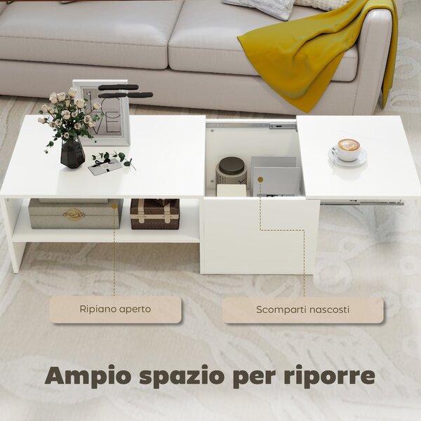 HOMCOM Tavolino da Caffè in Legno con Piano Scorrevole e Ripiano Aperto e a Scomparsa, 110x52x36 cm, Bianco | Aosom Italy