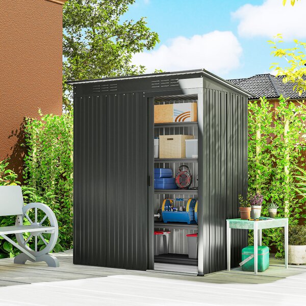 Outsunny Casetta da Giardino in Metallo con Prese d'Aria e Porta Scorrevole, 159x106x181 cm, Grigio Scuro | Aosom Italy