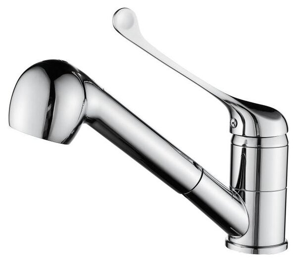 Rubinetto da cucina Aquanello Medic con leva lunga e erogatore estraibile, finitura cromata, modello CR-1006-MD