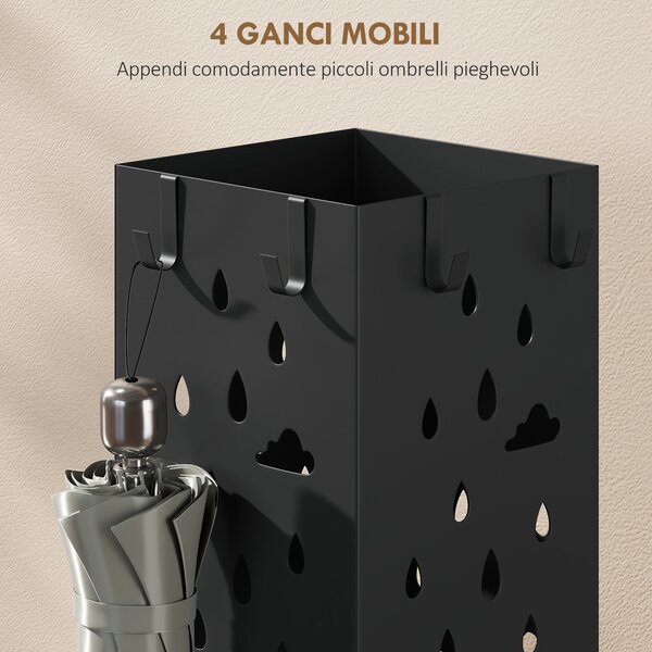 HOMCOM Portaombrelli Porta Ombrelli Quadrato con Vaschetta, 15.5x15.5x49 cm, Nero | Aosom Italy