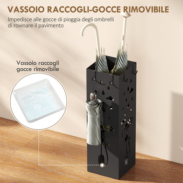 HOMCOM Portaombrelli Porta Ombrelli Quadrato con Vaschetta, 15.5x15.5x49 cm, Nero | Aosom Italy