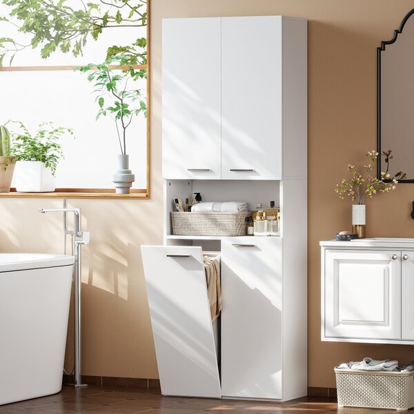 HOMCOM Mobile da Bagno a 2 Ante con Cesto Portabiancheria a Ribalta e Ripiano Aperto, 60x30x174 cm, in Legno, Bianco | Aosom Italy