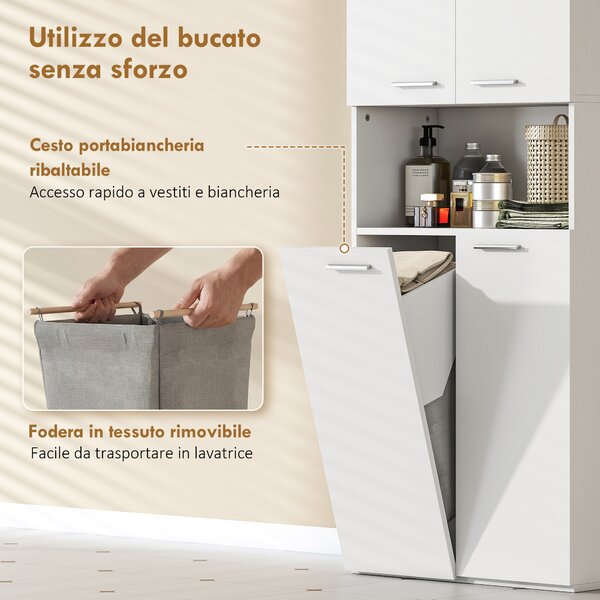 HOMCOM Mobile da Bagno a 2 Ante con Cesto Portabiancheria a Ribalta e Ripiano Aperto, 60x30x174 cm, in Legno, Bianco | Aosom Italy