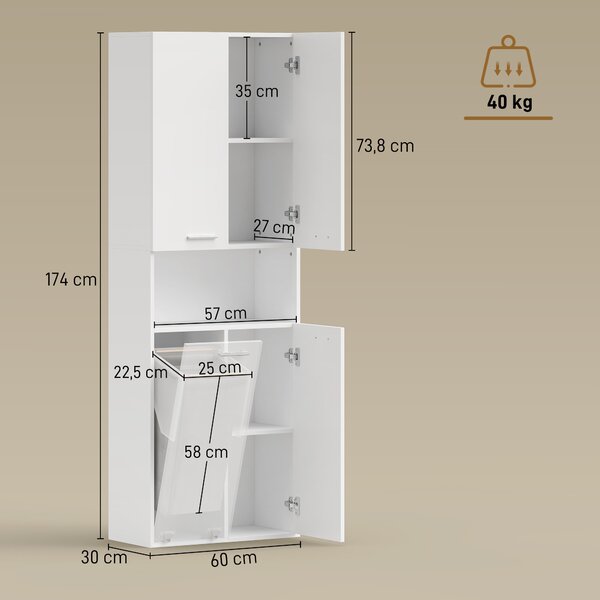 HOMCOM Mobile da Bagno a 2 Ante con Cesto Portabiancheria a Ribalta e Ripiano Aperto, 60x30x174 cm, in Legno, Bianco | Aosom Italy