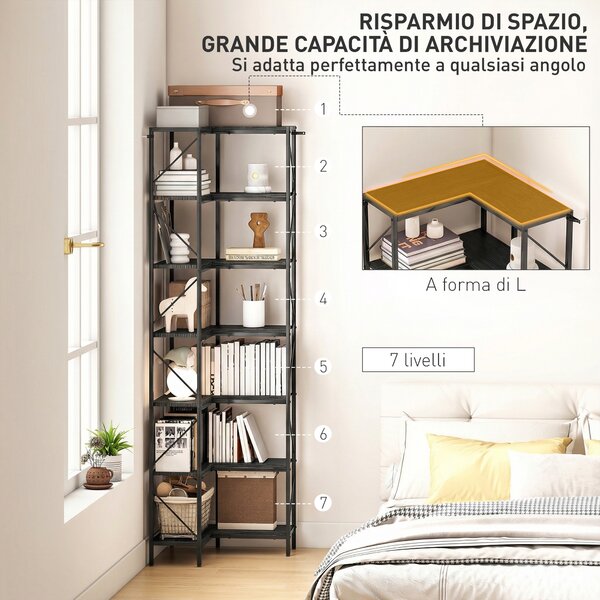 HOMCOM Libreria ad Angolo a 7 Ripiani, Scaffale Industriale, Effetto Legno Nero | Aosom Italy