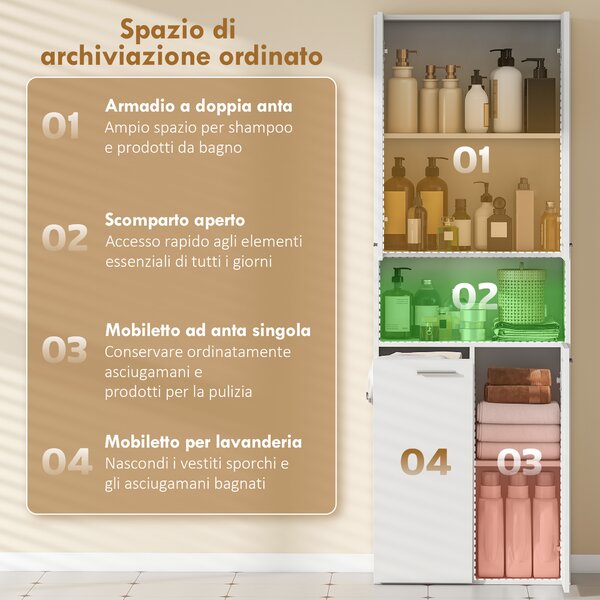 HOMCOM Mobile da Bagno a 2 Ante con Cesto Portabiancheria a Ribalta e Ripiano Aperto, 60x30x174 cm, in Legno, Bianco | Aosom Italy