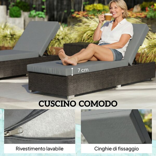 Outsunny Set 2 Sdraio da Giardino in Rattan con Tavolino Laterale e Schienale Regolabile, 184x60x22 cm, Grigio Scuro | Aosom Italy