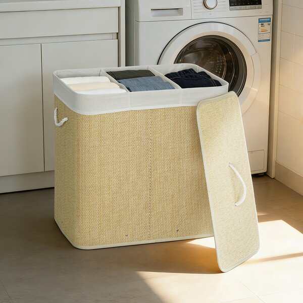 HOMCOM Cesto Portabiancheria in Bambù con Coperchio, 144L, 3 Scomparti, Sacca Removibile e Lavabile, Maniglie, Crema | Aosom Italy