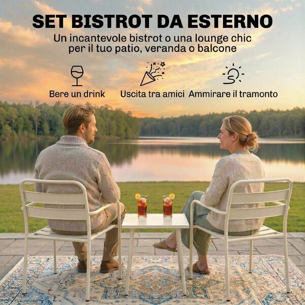 Outsunny Set Bistrò 3 pezzi: tavolino in vetro e 2 sedie, arredo esterno bianco. | Aosom Italy