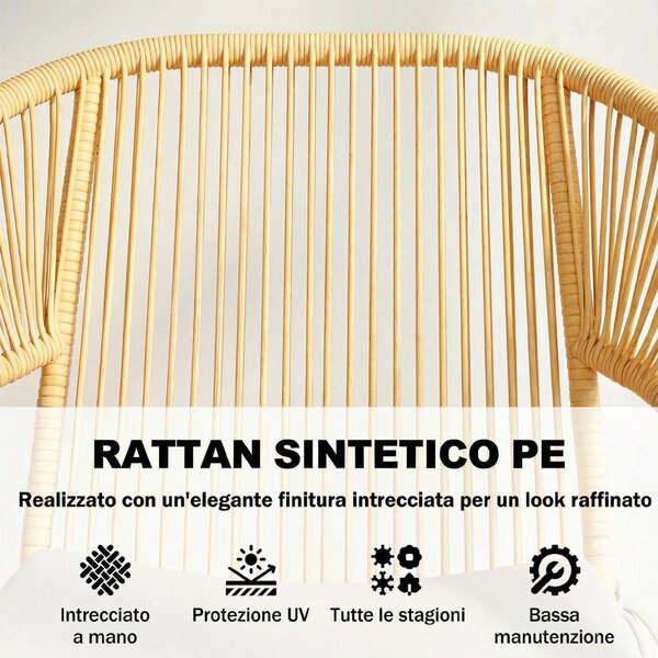 Outsunny Set da Bistrò da 3 Pezzi in Rattan e Acciaio con 2 Sedie, Tavolo Rotondo con Piano in Vetro Temperato, Beige | Aosom Italy
