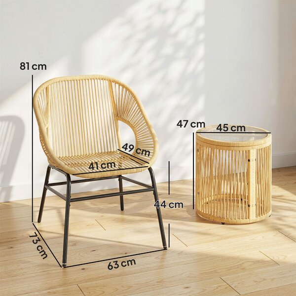Outsunny Set da Bistrò da 3 Pezzi in Rattan e Acciaio con 2 Sedie, Tavolo Rotondo con Piano in Vetro Temperato, Beige | Aosom Italy