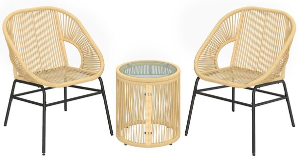Outsunny Set da Bistrò da 3 Pezzi in Rattan e Acciaio con 2 Sedie, Tavolo Rotondo con Piano in Vetro Temperato, Beige | Aosom Italy