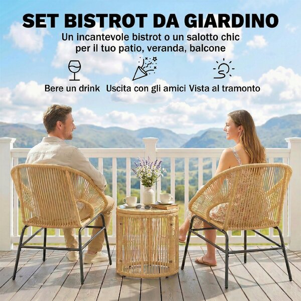 Outsunny Set da Bistrò da 3 Pezzi in Rattan e Acciaio con 2 Sedie, Tavolo Rotondo con Piano in Vetro Temperato, Beige | Aosom Italy