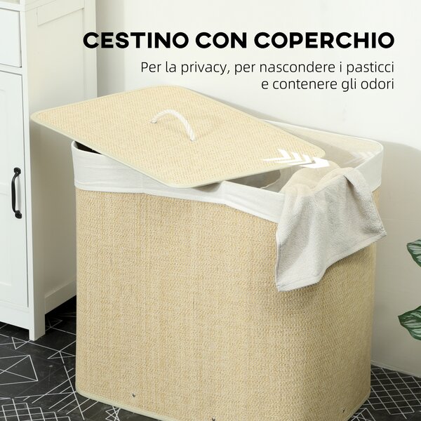 HOMCOM Cesto Portabiancheria in Bambù con Coperchio, 144L, 3 Scomparti, Sacca Removibile e Lavabile, Maniglie, Crema | Aosom Italy
