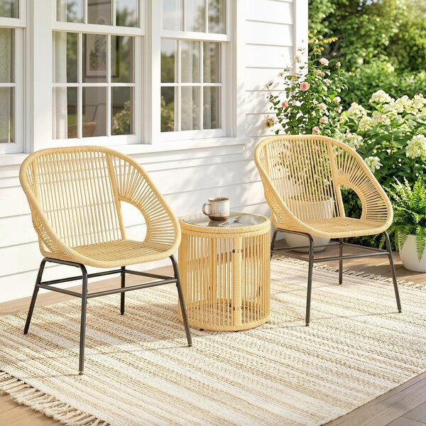 Outsunny Set da Bistrò da 3 Pezzi in Rattan e Acciaio con 2 Sedie, Tavolo Rotondo con Piano in Vetro Temperato, Beige | Aosom Italy