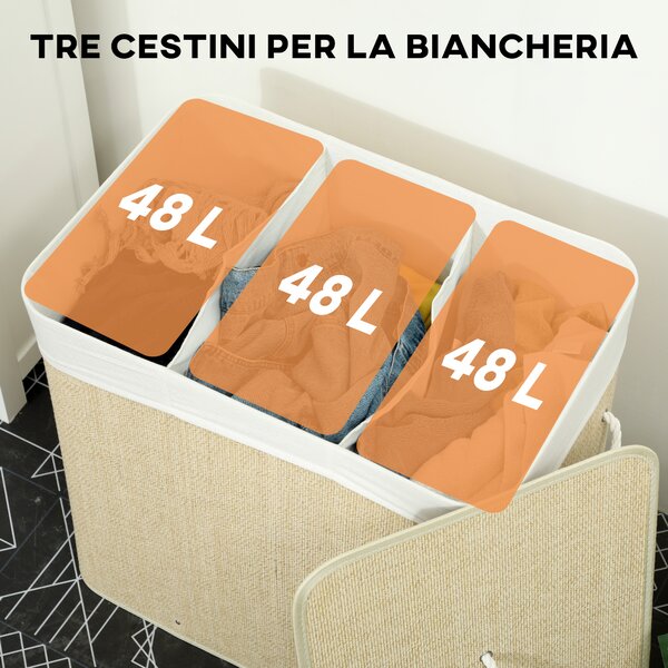 HOMCOM Cesto Portabiancheria in Bambù con Coperchio, 144L, 3 Scomparti, Sacca Removibile e Lavabile, Maniglie, Crema | Aosom Italy