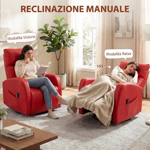 HOMCOM Poltrona Massaggiante Reclinabile Riscaldante, Girevole in Pelle PU con Poggiapiedi e Telecomando, Rosso | Aosom Italy