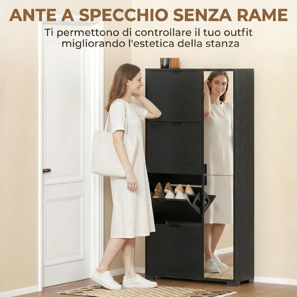 HOMCOM Scarpiera con Specchio, 4 Cassetti Ribalta, Scarpiera Ingresso, Nero | Aosom Italy