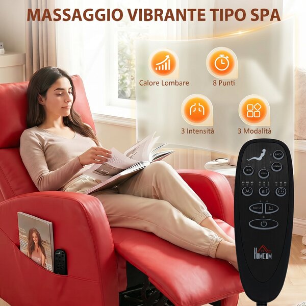 HOMCOM Poltrona Massaggiante Reclinabile Riscaldante, Girevole in Pelle PU con Poggiapiedi e Telecomando, Rosso | Aosom Italy