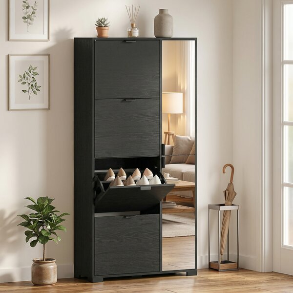 HOMCOM Scarpiera con Specchio, 4 Cassetti Ribalta, Scarpiera Ingresso, Nero | Aosom Italy