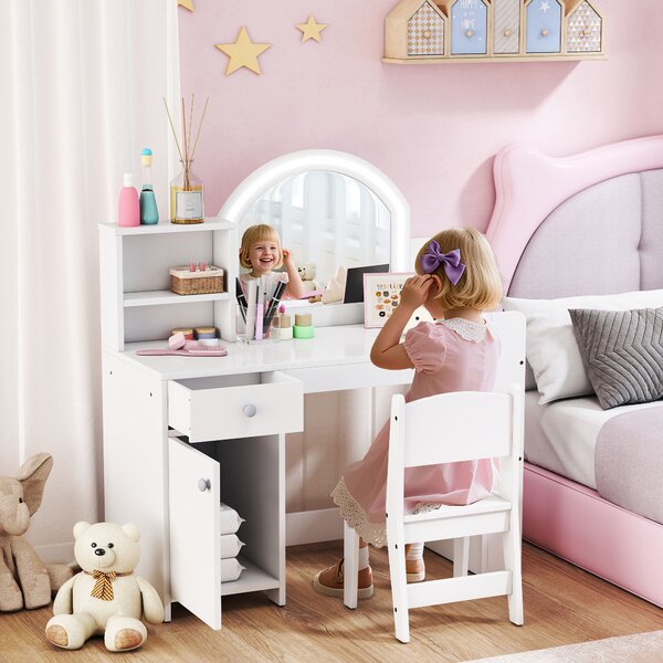 AIYAPLAY Set Toeletta Trucco per Bambini 2 in 1 con Specchio, Sedia, Luce LED, Armadietto, Scaffali e Libreria, Bianco | Aosom Italy