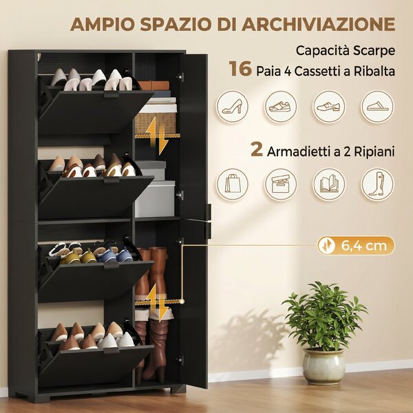 HOMCOM Scarpiera con Specchio, 4 Cassetti Ribalta, Scarpiera Ingresso, Nero | Aosom Italy
