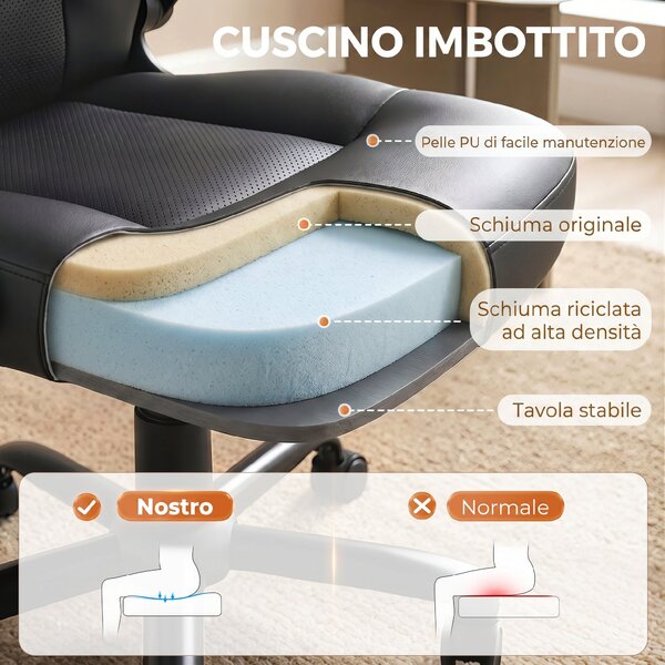 HOMCOM Sedia Ufficio Girevole, Funzione Dondolo, Braccioli Ribaltabili, Schienale Alto, Altezza Regolabile, Nero | Aosom Italy