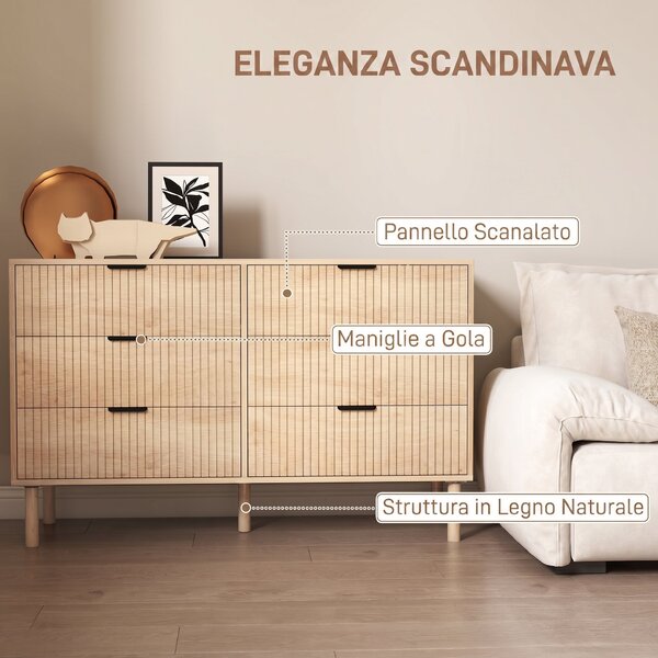HOMCOM Cassettiera 6 Cassetti in Legno per Camera e Ingresso Stile Nordico, 120x39.5x75 cm, Rovere | Aosom Italy