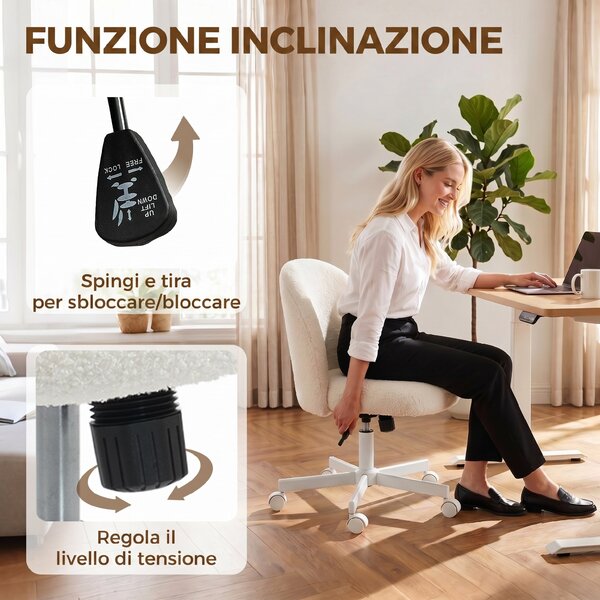HOMCOM Sedia Scrivania Girevole in Sherpa con Altezza Regolabile, Funzione Dondolo, Capacità 120 kg, Crema | Aosom Italy