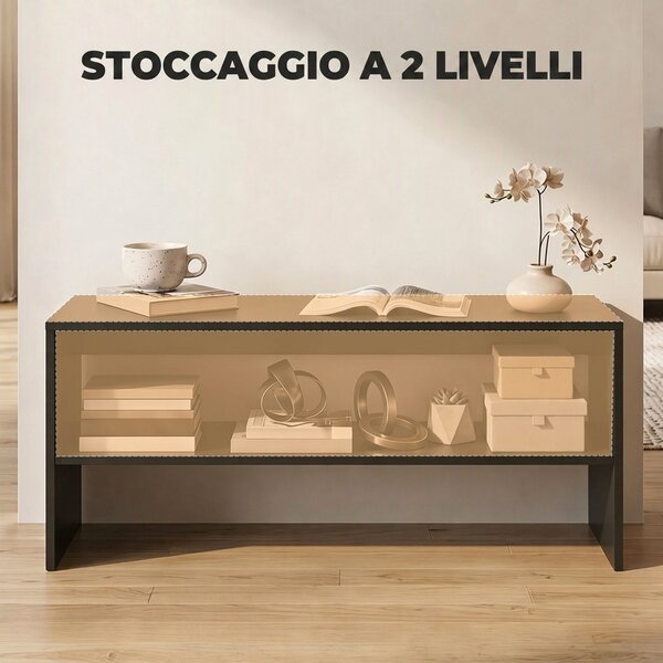 HOMCOM Tavolino da Caffè Moderno in Legno a 2 Livelli con Ripiano Aperto, 100x40x41.5 cm, Nero | Aosom Italy