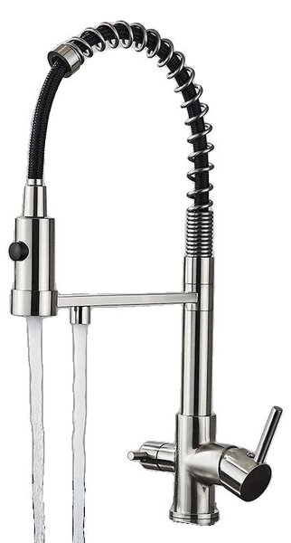 Rubinetto da cucina filtrato, con due manopole, beccuccio flessibile, finitura in nichel spazzolato