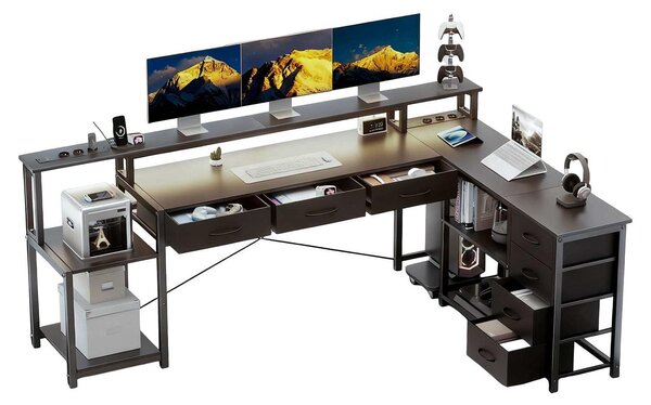 ZELURXX Scrivania per computer a L con cassetti e supporto per monitor, prese di corrente e USB, scrivania da gioco a LED, scrivania per ufficio e casa, nera