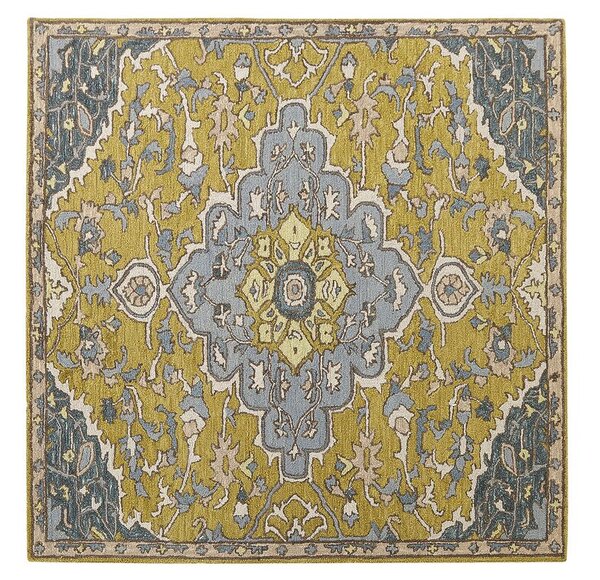 Tappeto in lana gialla e blu motivo foglie 200 x 200 cm stile orientale vintage soggiorno camera da letto Beliani