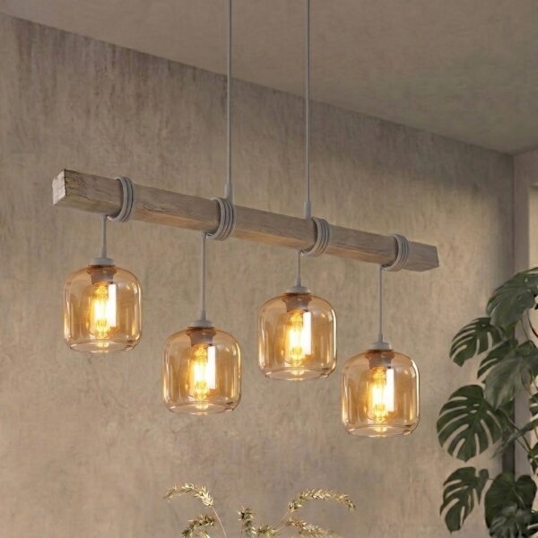 Brilagi - Lampadario a sospensione su cavo WOOD GLASS 4xE27/60W/230V pino/grigio/marrone fumé