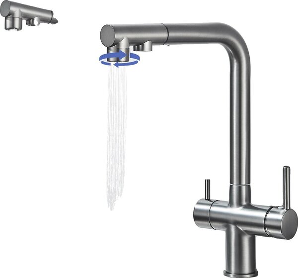 Rubinetto da cucina, doppia maniglia, acqua calda e fredda, grigio canna di fucile