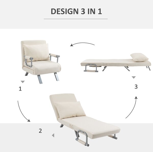 HOMCOM Poltrona Letto Moderna 2 in 1 con Schienale Inclinabile in 5 Posizioni, per Soggiorno e Camera da Letto, 65x69x80cm, Beige|Aosom