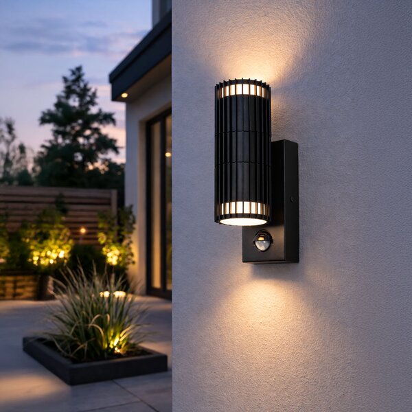 Lampada da parete per esterni nera con sensore di movimento 2 luci - Boris