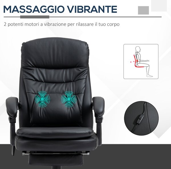 Vinsetto Poltrona da Ufficio con 2Punti Vibranti Massaggianti e Poggiapiedi, sedia Reclinazione con Rivestimento Similpelle e USB, Nero | Aosom Italy