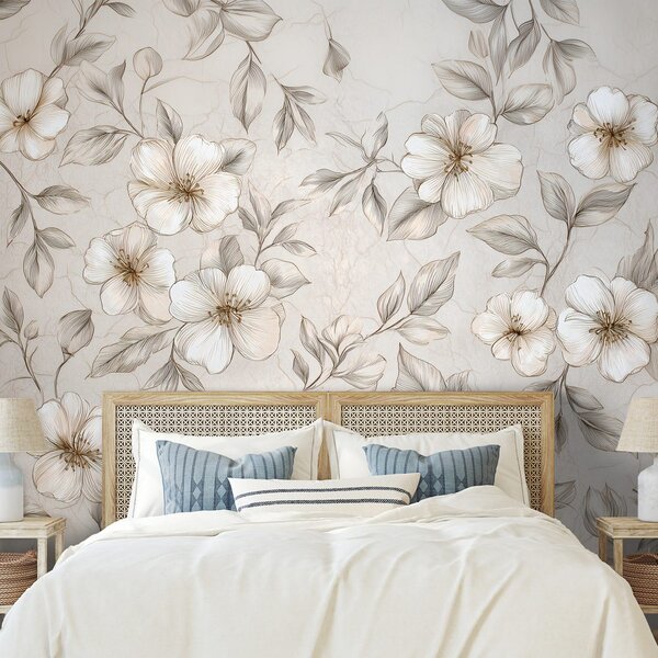 Carta da parati – Fiori e foglie beige delicate