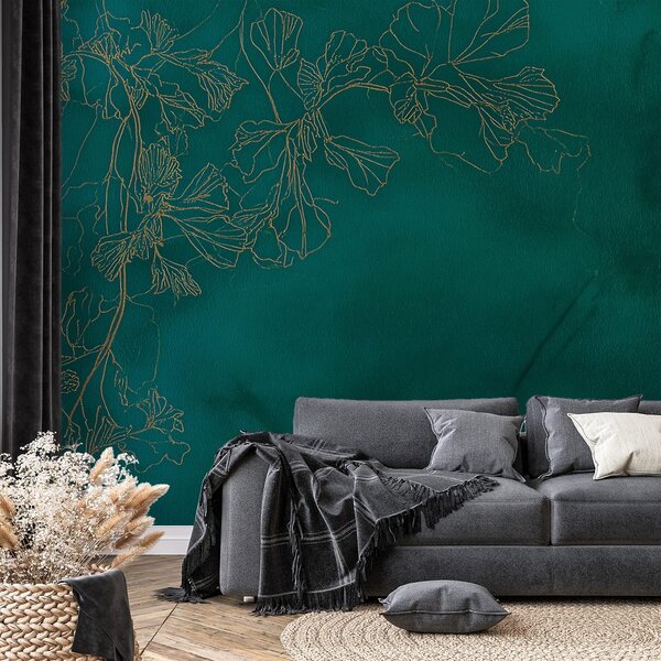 Carta da parati – Fiori dorati su verde smeraldo