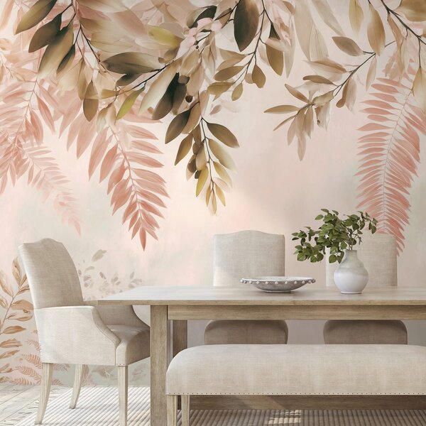 Carta da parati – Foglie rosa e beige delicate