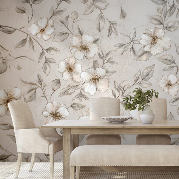 Carta da parati – Fiori e foglie beige delicate
