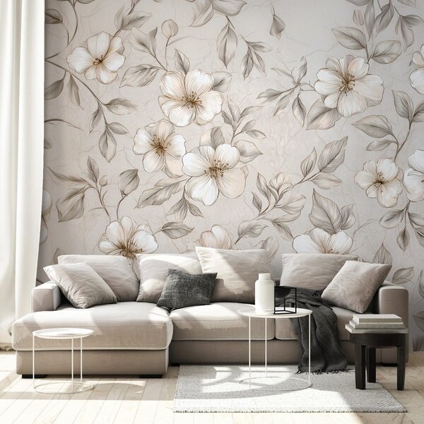 Carta da parati – Fiori e foglie beige delicate