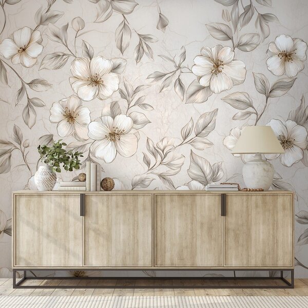 Carta da parati – Fiori e foglie beige delicate