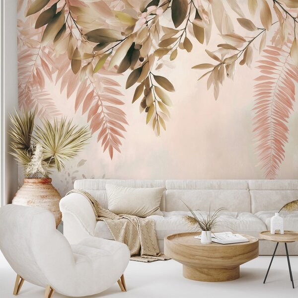 Carta da parati – Foglie rosa e beige delicate
