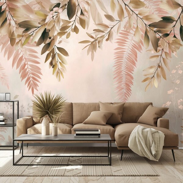 Carta da parati – Foglie rosa e beige delicate