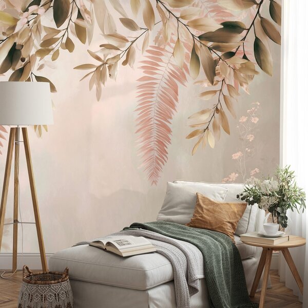 Carta da parati – Foglie rosa e beige delicate